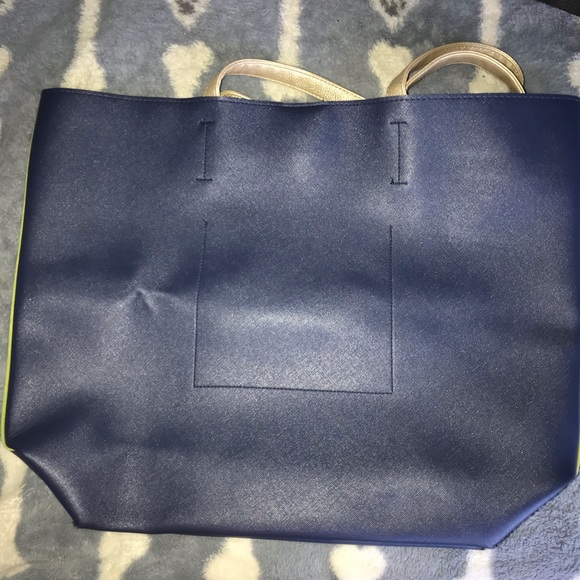 Huge Tote in navy, lime, and champagne gold with snap and internal pocket - Picture 2 of 4